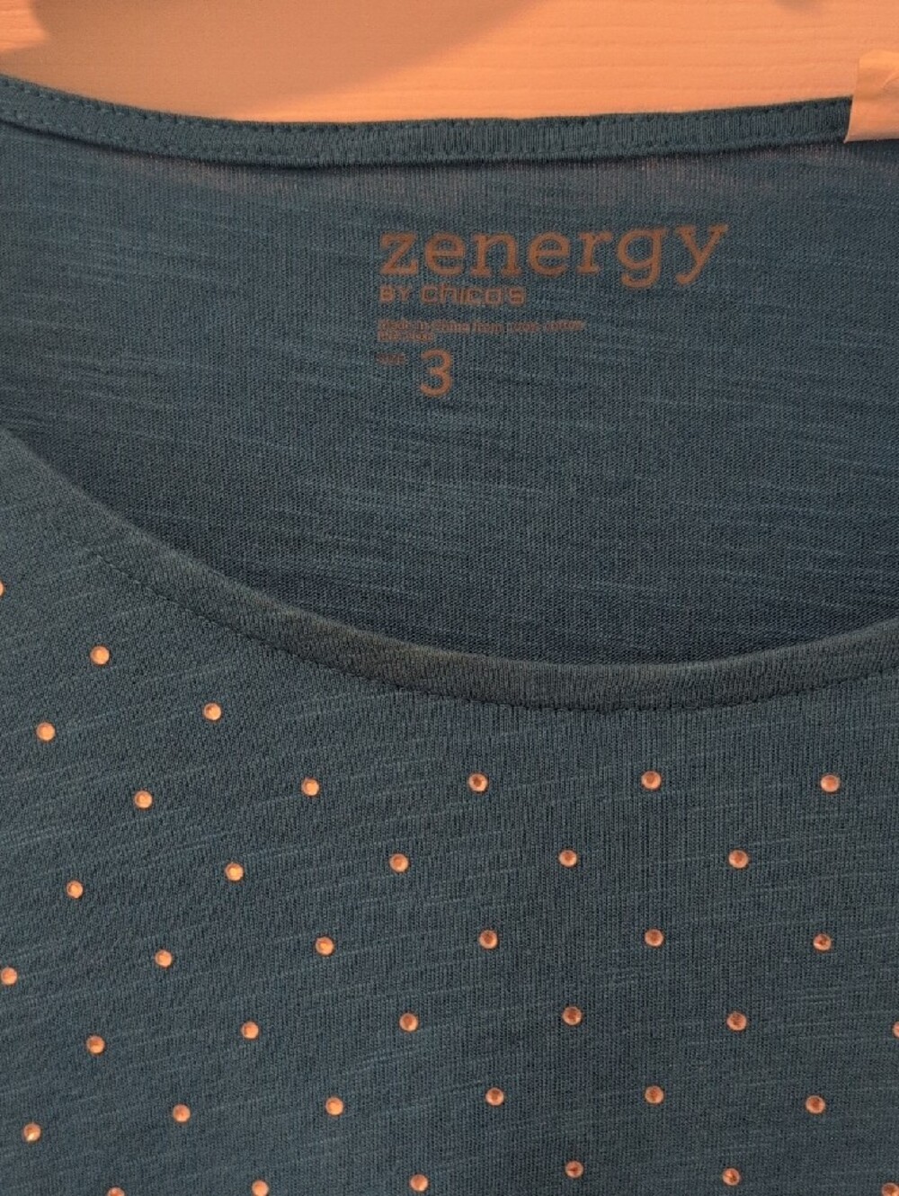 Zenergy by Chico's Teal Rhinestone Scoop Neck 3/4 Sleeve Top - Picture 2 of 5